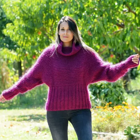 Super Sexy Cable Hand Knit Mohair Sweater Fuchsia color Fuzzy Turtleneck