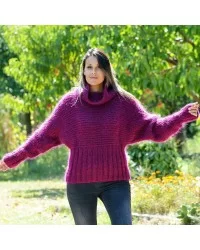 Super Sexy Cable Hand Knit Mohair Sweater Fuchsia color Fuzzy Turtleneck