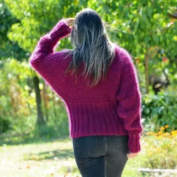 Super Sexy Cable Hand Knit Mohair Sweater Fuchsia color Fuzzy Turtleneck