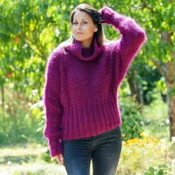 Super Sexy Cable Hand Knit Mohair Sweater Fuchsia color Fuzzy Turtleneck