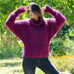 Super Sexy Cable Hand Knit Mohair Sweater Fuchsia color Fuzzy Turtleneck