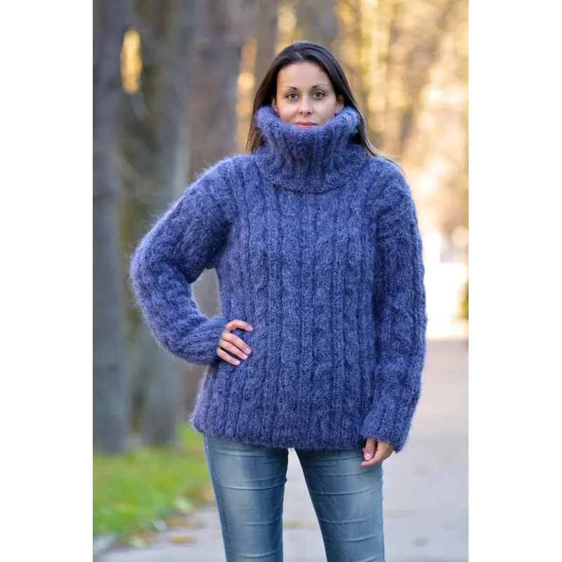New Cable Hand Knit Turtleneck Mohair Sweater Very Dark Gray Fuzzy