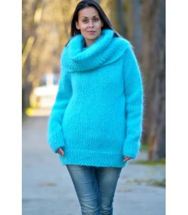 Super Sexy Hand Knit Mohair Sweater Light Blue color Fuzzy Cowl neck Pullover