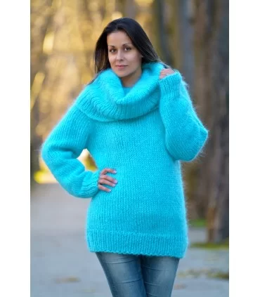Super Sexy Hand Knit Mohair Sweater Light Blue color Fuzzy Cowl neck Pullover