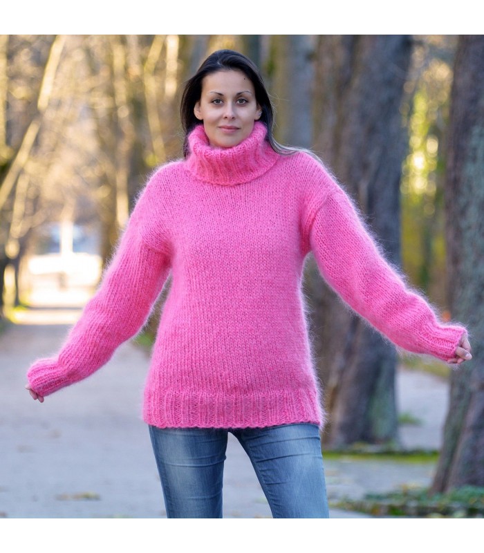 Sexy Hand Knitted Mohair Turtleneck Sweater Dark Pink Color