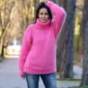 Sexy Hand Knitted Mohair Turtleneck Sweater Dark Pink Color