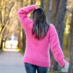 Sexy Hand Knitted Mohair Turtleneck Sweater Dark Pink Color