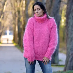 Sexy Hand Knitted Mohair Turtleneck Sweater Dark Pink Color