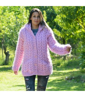 Light Pink Hooded Cable Hand Knit Mohair Cardigan Fuzzy