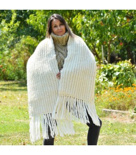 Ribbed Hand Knitted Wool Cable Scarf Soft White Color Shawl