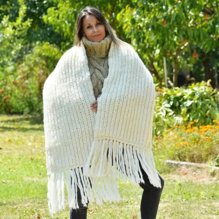 Ribbed Hand Knitted Wool Cable Scarf Soft White Color Shawl