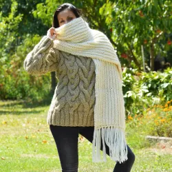 Ribbed Hand Knitted Wool Cable Scarf Soft White Color Shawl