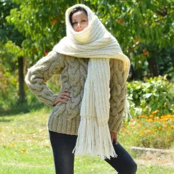Ribbed Hand Knitted Wool Cable Scarf Soft White Color Shawl