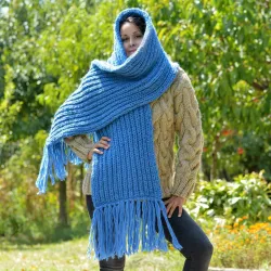 Ribbed Hand Knitted Wool Cable Scarf Soft Blue Color Shawl