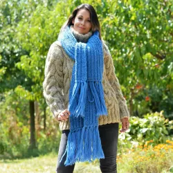 Ribbed Hand Knitted Wool Cable Scarf Soft Blue Color Shawl