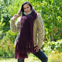 Ribbed Hand Knitted Wool Cable Scarf Soft Fuchsia Pink Color Shawl