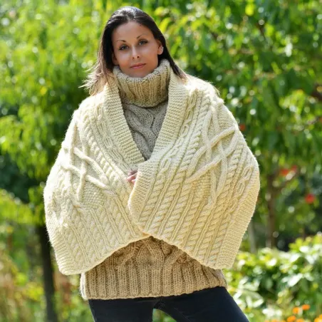 Hand Knitted Wool Cable Scarf Soft White Color Shawl