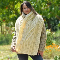Hand Knitted Wool Cable Scarf Soft White Color Shawl