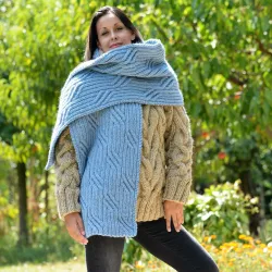 Hand Knitted Wool Cable Scarf Soft Light Blue Color Shawl