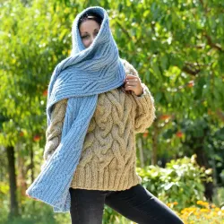 Hand Knitted Wool Cable Scarf Soft Light Blue Color Shawl
