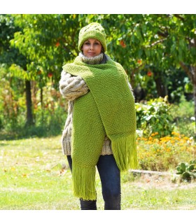 Hand Knitted Wool Hat Green Pom Pom and Wool Scarf Soft Wrap Green Shawl