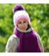 Hand Knitted Mohair Hat Cable Pink Fuchsia Pom Pom Multicolor Winter Soft Beanie Warmer