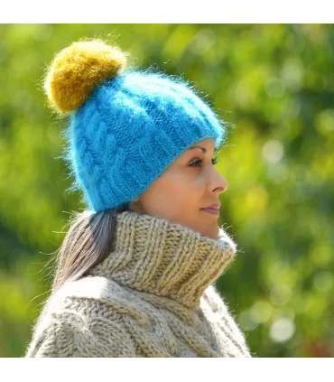 Hand Knitted Mohair Hat Cable Blue Yellow Pom Pom Multicolor Winter Soft Beanie Warmer