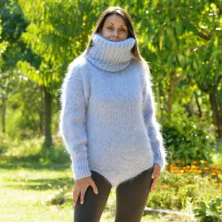 Sexy Hand Knitted Mohair Sweater Bodysuit Grey Color Turtleneck