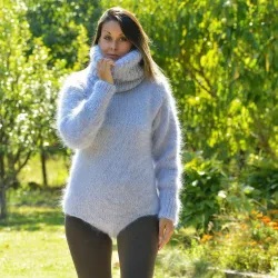 Sexy Hand Knitted Mohair Sweater Bodysuit Grey Color Turtleneck