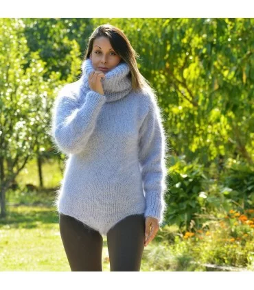 Sexy Hand Knitted Mohair Sweater Bodysuit Grey Color Turtleneck