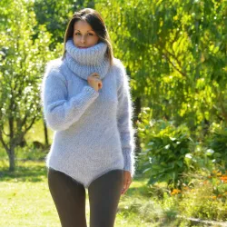 Sexy Hand Knitted Mohair Sweater Bodysuit Grey Color Turtleneck