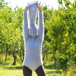 Sexy Hand Knitted Mohair Sweater Bodysuit Grey Color Turtleneck