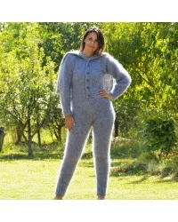 Sexy Hand Knitted Mohair Catsuite Sweater Bodysuit Grey mix Color Turtleneck