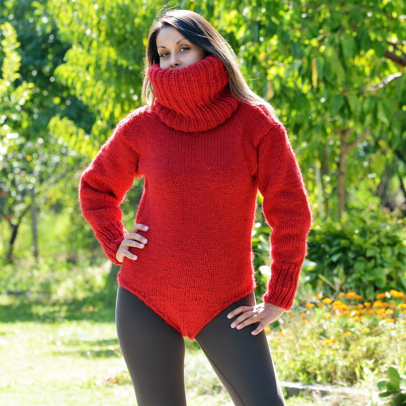 Sexy Hand Knitted Pure Wool Sweater Bodysuit Red Colo