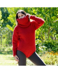 Sexy Hand Knitted Wool Sweater Bodysuit Red Color Turtleneck