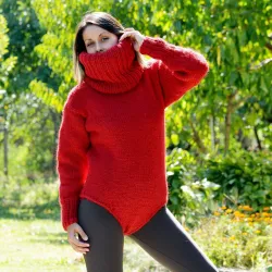 Sexy Hand Knitted Wool Sweater Bodysuit Red Color Turtleneck