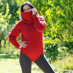 Sexy Hand Knitted Wool Sweater Bodysuit Red Color Turtleneck