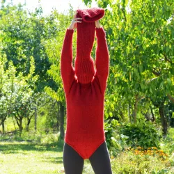Sexy Hand Knitted Wool Sweater Bodysuit Red Color Turtleneck