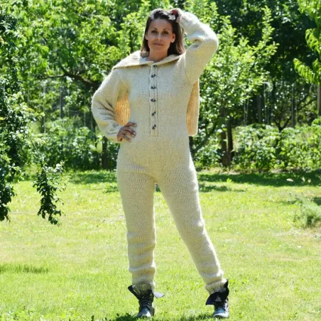 Sexy Hand Knitted Pure Wool Catsuite Sweater Bodysuit White Color Turtleneck