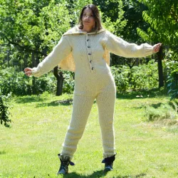 Sexy Hand Knitted Pure Wool Catsuite Sweater Bodysuit White Color Turtleneck