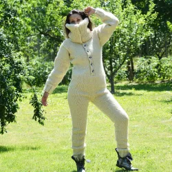 Sexy Hand Knitted Pure Wool Catsuite Sweater Bodysuit White Color Turtleneck