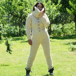Sexy Hand Knitted Pure Wool Catsuite Sweater Bodysuit White Color Turtleneck