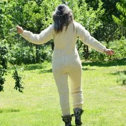 Sexy Hand Knitted Pure Wool Catsuite Sweater Bodysuit White Color Turtleneck