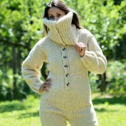 Sexy Hand Knitted Pure Wool Catsuite Sweater Bodysuit White Color Turtleneck
