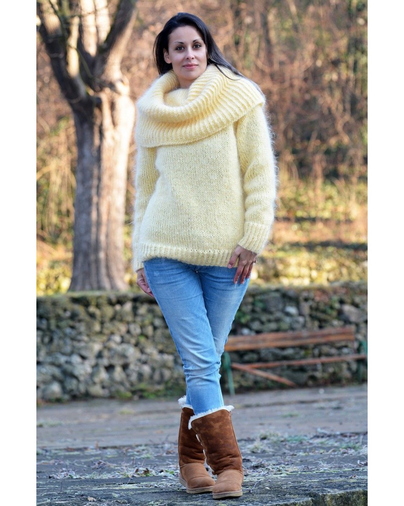Super Sexy Hand Knitted Mohair Sweater Light Yellow color Fuzzy Cowl neck Pullover