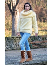 Super Sexy Hand Knitted Mohair Sweater Light Yellow color Fuzzy Cowl neck Pullover
