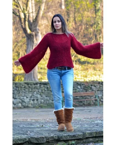 Hand Knitted Mohair Sweater Dark Red Fuzzy Boat Neck pullover