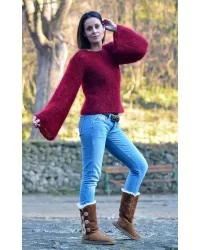 Hand Knitted Mohair Sweater Dark Red Fuzzy Boat Neck pullover