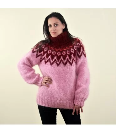 Hand Knitted Mohair Sweater Red and Pink Color Fuzzy Icelandic Turtleneck Pullover