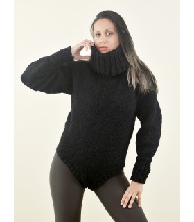 Sexy Hand Knitted Wool Sweater Bodysuit Black Color Turtleneck